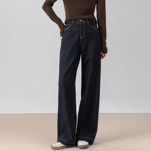 简约阔腿裤 忆霏丹宁蓝高腰直筒牛仔裤 不易褪色窄款 新款 女2025秋季
