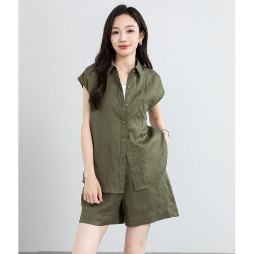 忆霏夏季亚麻无袖阔腿女套装