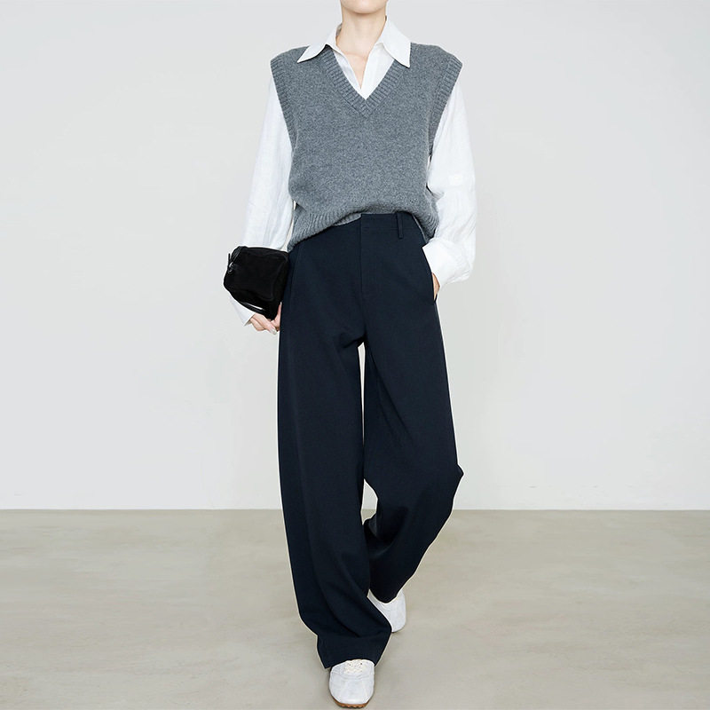 菲尔娅奇休闲加长天丝羊毛西装裤女2026春季新款垂感藏青色直筒裤
