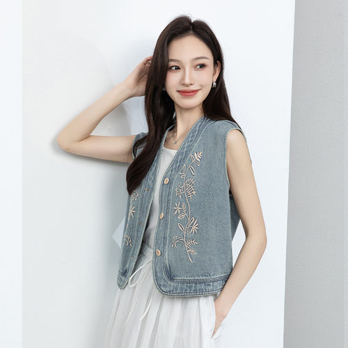 忆霏重工刺绣牛仔马甲女夏新款