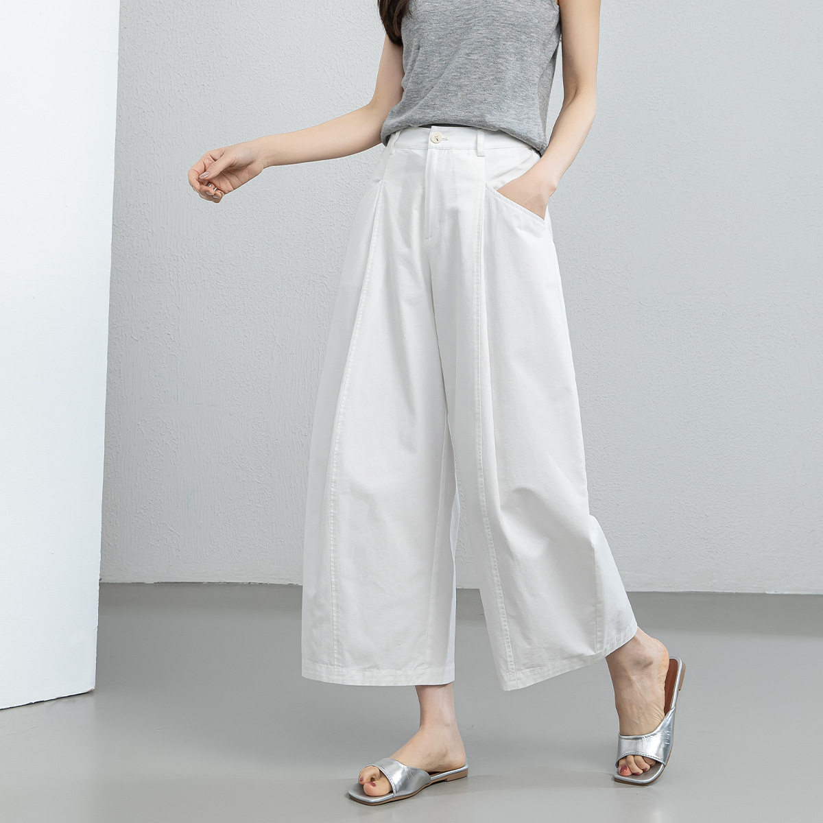 忆霏纯棉九分阔腿裤女2026夏季薄款通勤高腰宽松卷边直筒休闲裤子