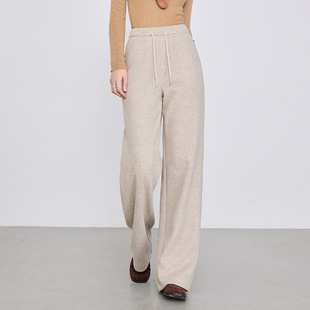 高腰抽绳休闲长裤 韩版 新款 女2025冬季 松紧腰绵羊毛复合直筒裤