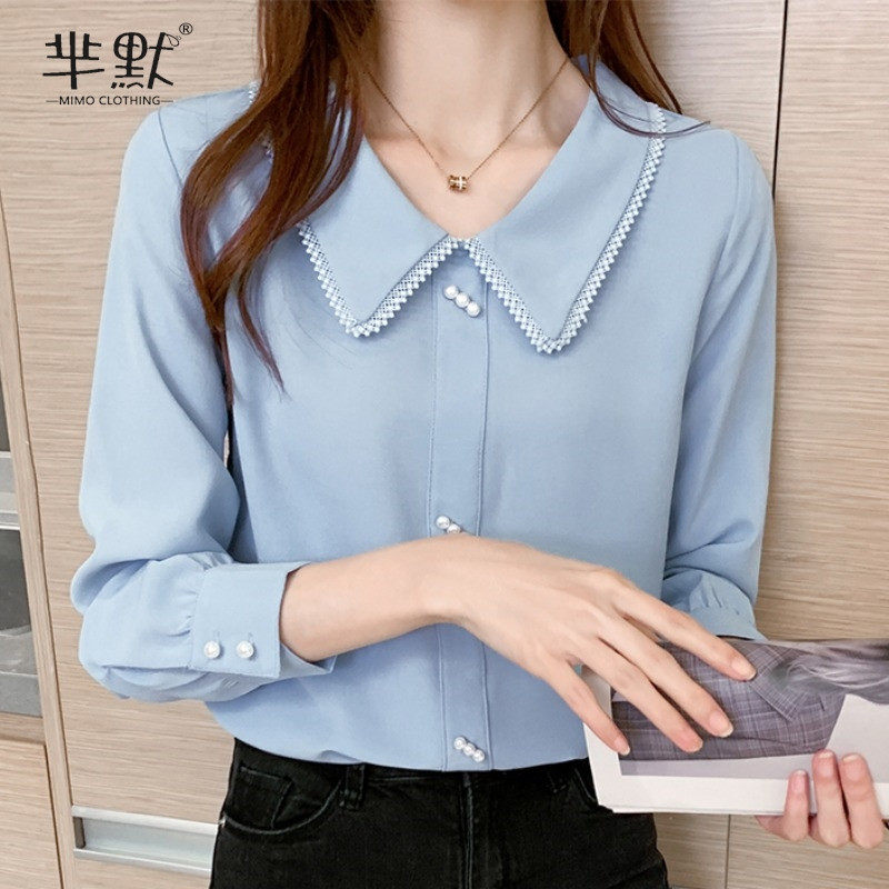 蕾丝花边娃娃领雪纺衫女加绒加厚珍珠扣衬衫气质职业装遮肚子上衣在类目 女装/女士精品, 蕾丝衫/雪纺衫中 - 来自Buy2taobao.com提供专业的淘宝代购服务