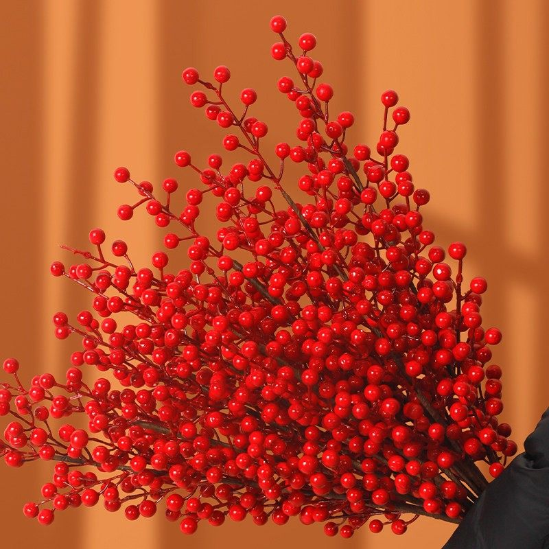新年红色冬青果发财仿真花束客厅装饰喜庆招财新中式插花乔迁摆件