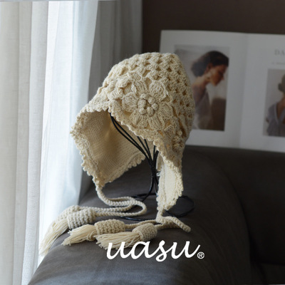 双层纯手工钩花毛线帽复古时尚