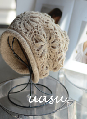 宽松版~秋冬季双层手工钩花蕾丝毛线帽子大头围保暖堆堆针织帽女