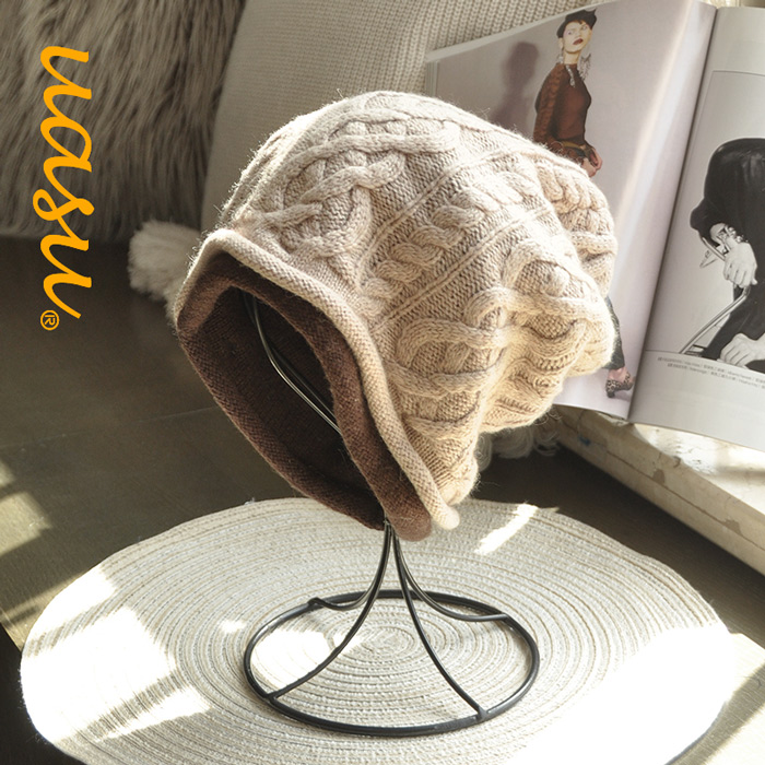 绞花拼色显脸小双层毛线帽