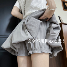 灰色韩系花苞短裙女夏季薄款2025新款高腰a字裙小个子蓬蓬半身裙