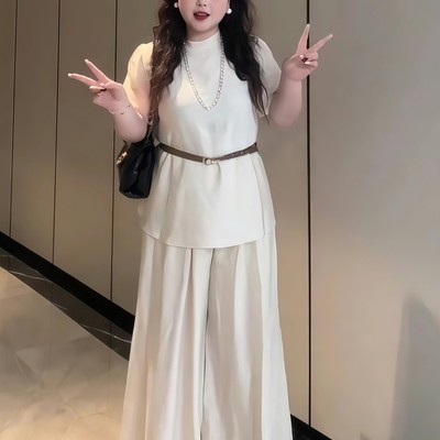 大码女装百搭纯色时尚套装夏季微胖MM通勤短袖上衣遮肉裤子两件套
