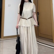 大码腰带短袖上衣阔腿裤子两件套女夏季新款胖mm显瘦今年流行套装