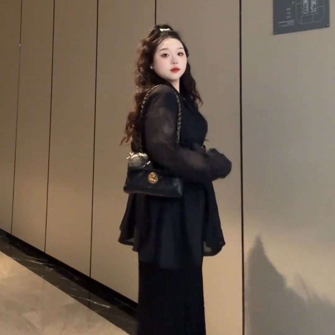 纯欲风网纱袖子拼接西服外套鱼尾裙半身裙套装修身大码胖MM两件套