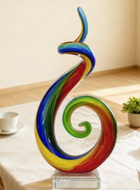 彩虹螺旋玻璃装饰摆件现代艺术家居客厅玄关彩色抽象雕塑样板间