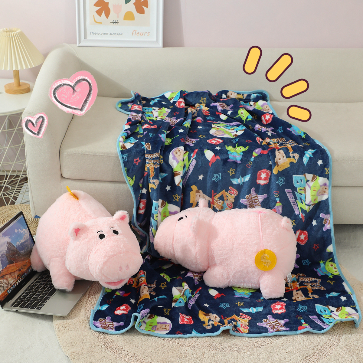 卡通粉色火腿小猪毛绒玩偶抱枕毯子三合一可爱金币猪公仔午睡毯