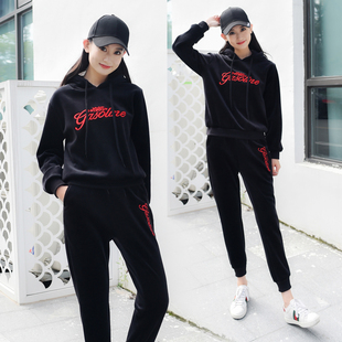 金丝绒运动套装女加厚两件套2019冬新款连帽卫衣休闲大码情侣装潮