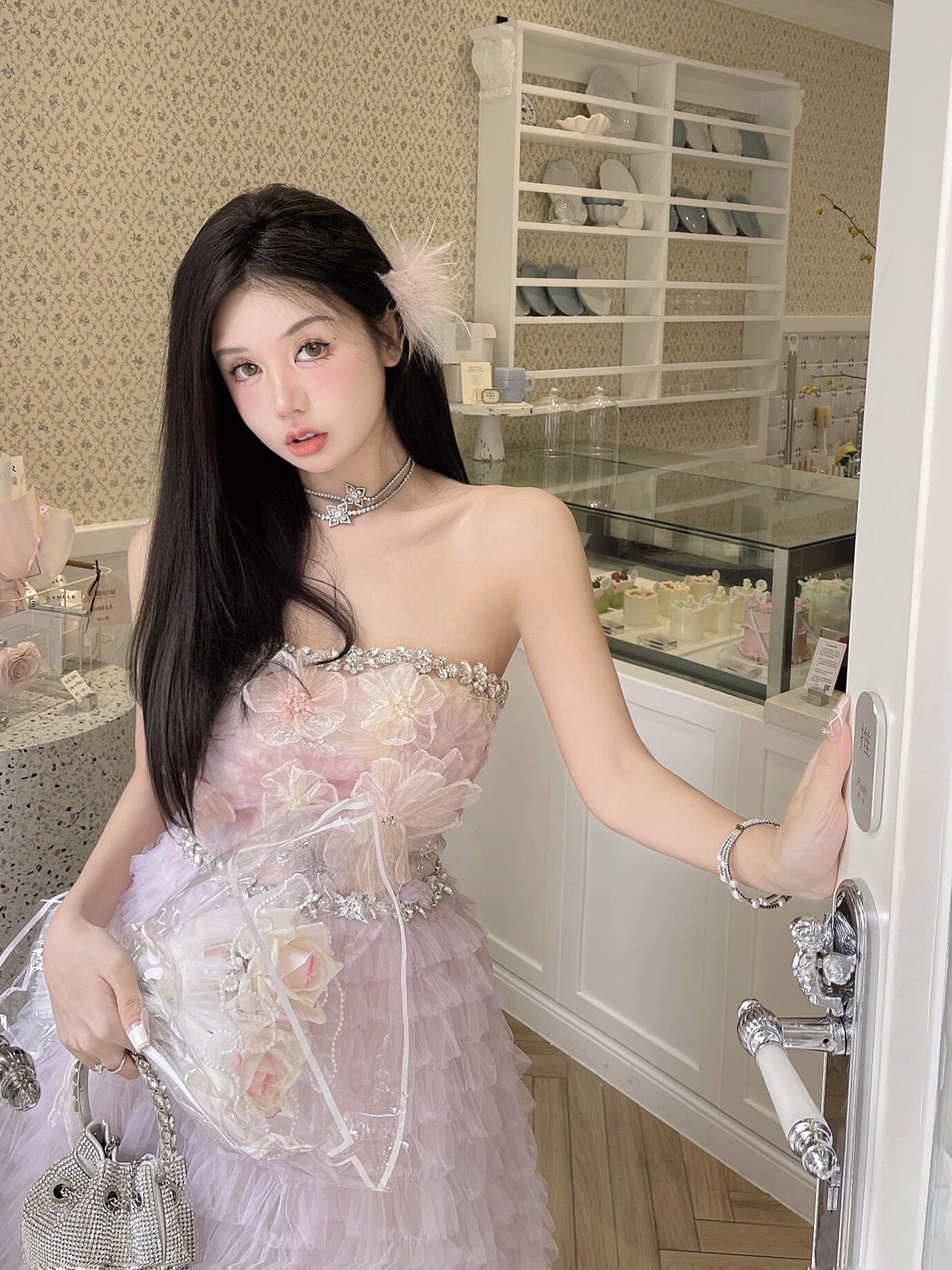 lydiaxu 2026AW紫色抹胸立体花朵蛋糕裙