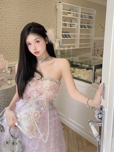 lydiaxu 2026AW紫色抹胸立体花朵蛋糕裙