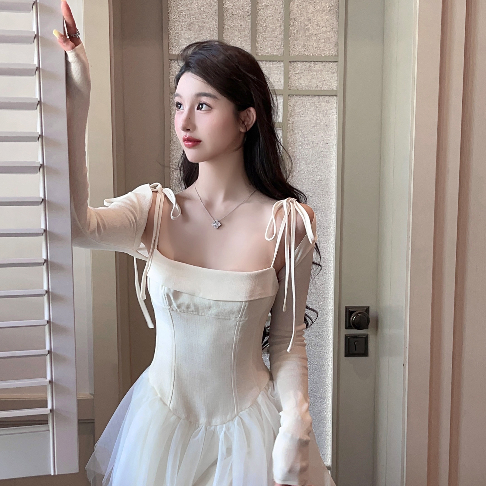 FairyJiang 夏季法式复古吊带连衣裙女气质收腰网纱蓬蓬裙短裙子