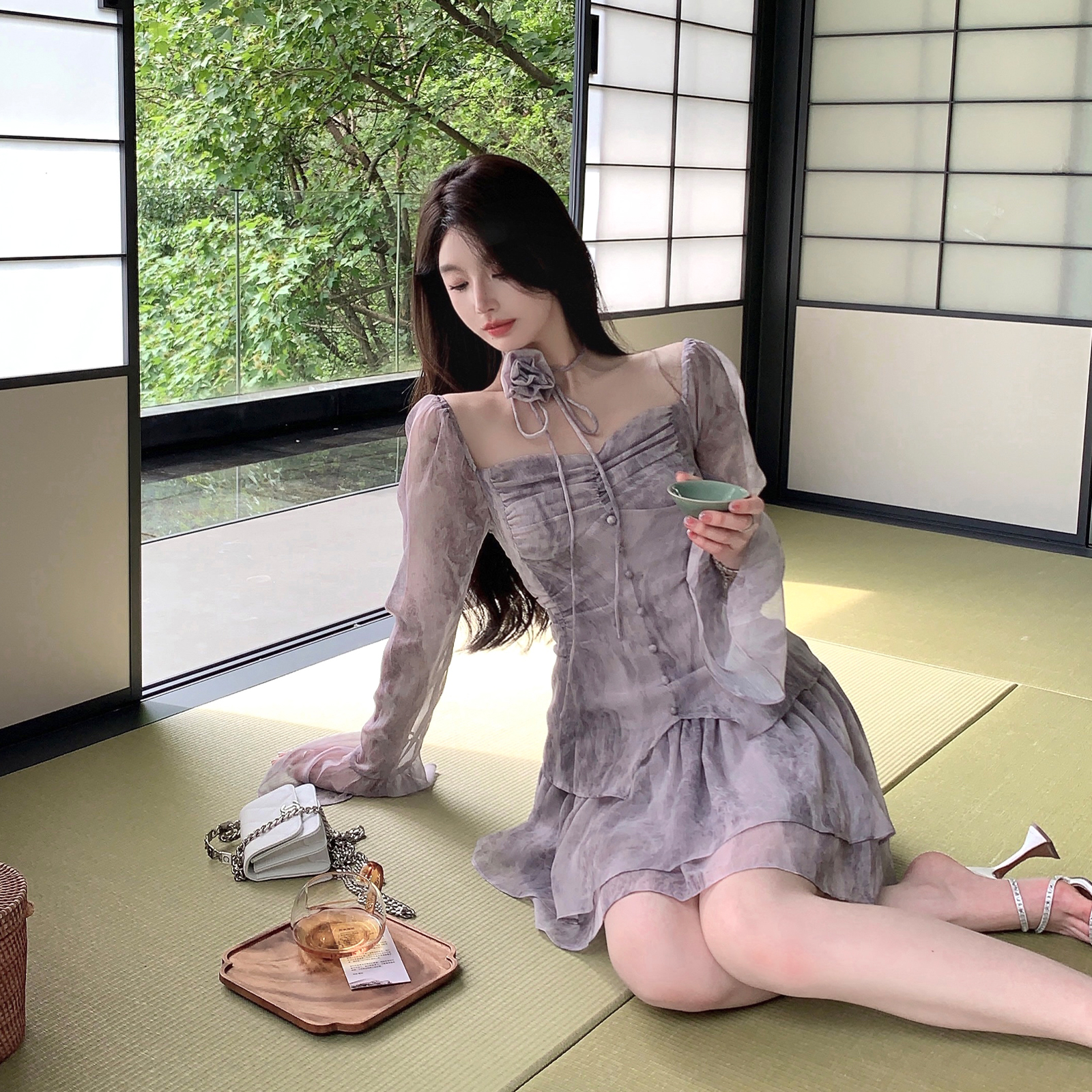 FairyJiang夏季新款水墨晕染碎花方领连衣裙收腰气质假两件短裙子