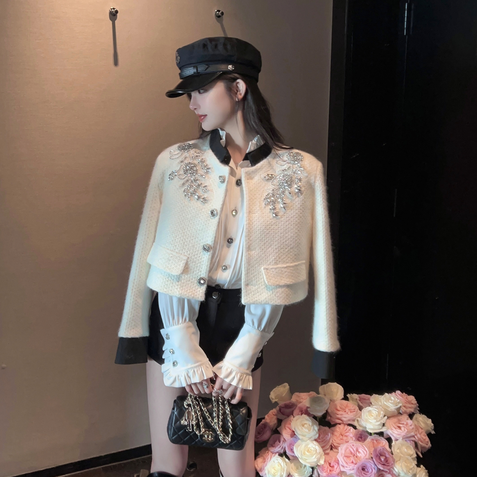 FairyJiang重工水钻白色小香风毛呢外套女短款加厚呢子大衣夹羽绒