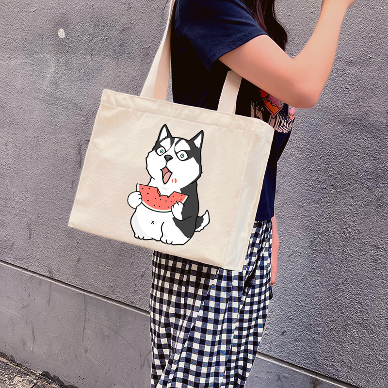 吃瓜猫狗卡通动物帆布包单肩包