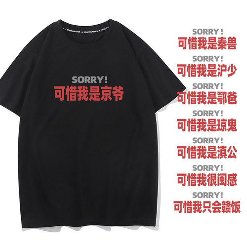 秀洛sorry可惜我是京爷 夏季新款短袖T恤男女情侣装宽松搞笑衣服