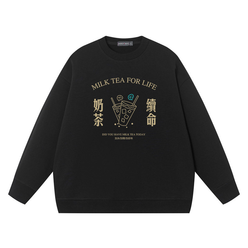 秀洛奶茶续命国潮圆领卫衣搞笑幽默文字纯棉衣服印花外套上衣长袖