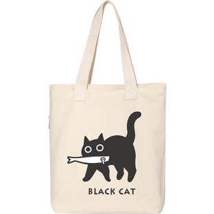 秀洛修猫叼鱼的小黑猫卡通帆布包袋学生手提包斜挎包购物袋子书包