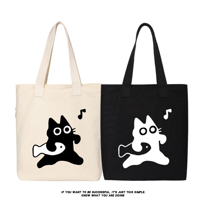 秀洛小黑猫抱鱼 卡通帆布包单肩斜挎手提包托特包女大容量手拎包,箱包皮具/热销女包/男包,时尚帆布包,淘宝优惠券,粉丝福利购,淘宝优惠卷