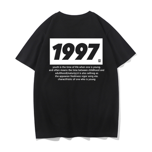 潮牌情侣体恤 t恤圆领宽松上衣男联名1997纯棉夏半袖 秀洛夏季 短袖