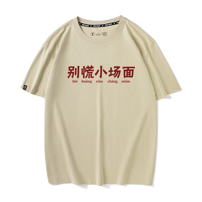 秀洛纯棉国潮搞怪趣味文字嘻哈男女短袖大学原创t恤别慌小场面