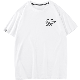 秀洛猫吃鱼情侣短袖T恤小众设计感夏纯棉衣服个性可爱宽松打底衫