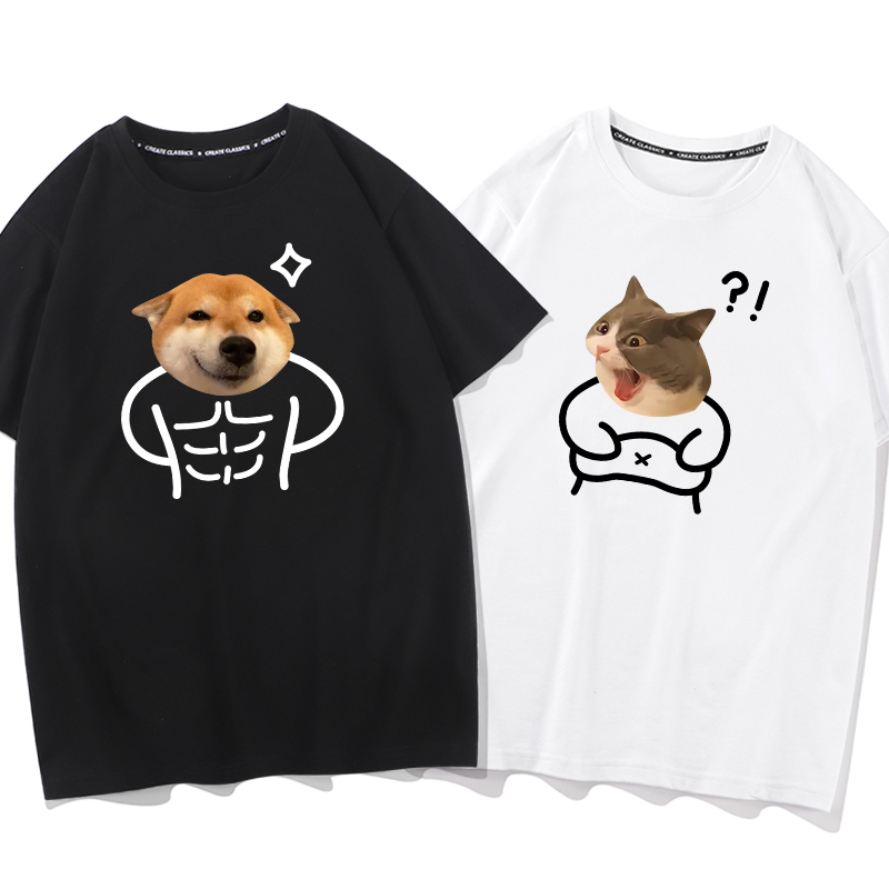 情侣装柴犬表情包猫咪搞怪狗狗印花夏季新款宽松男女T恤短袖半袖