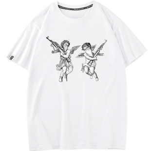 秀洛美式邪恶AK47天使欧式复古落肩宽松潮流纯棉T恤短袖打底体恤