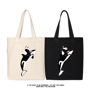 秀洛熊猫和鲸鱼联名帆布包袋学生自习补课手拎包手提包单肩帆布袋