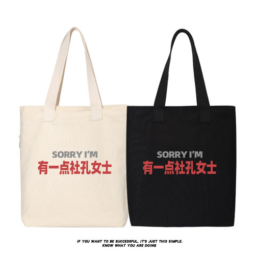 sorry有一点社孔女士帆布包通勤大容量托特包搞笑文字百搭单肩包