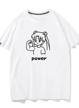 秀洛power 强的可怕美少女牌短袖黑色纯棉宽松休闲夏t恤体恤衣服