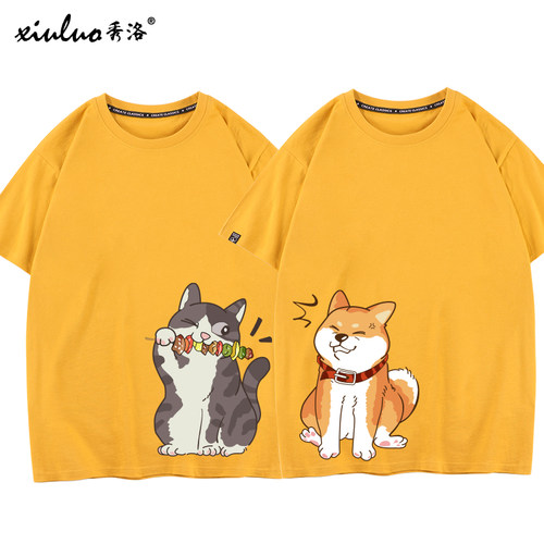 秀洛美短小猫咪柴犬秋田犬狗狗doge印花情侣装痛衣夏小众T恤短袖