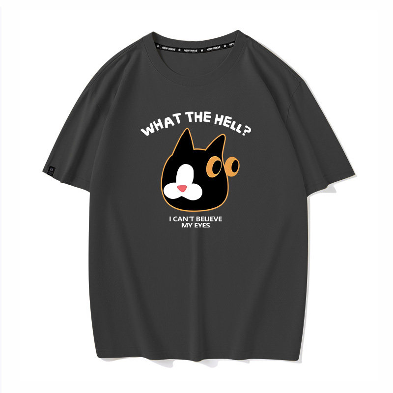 秀洛秀洛惊讶奶牛逻辑猫趣味纯棉短袖T恤猫咪卡通印花圆领男半袖