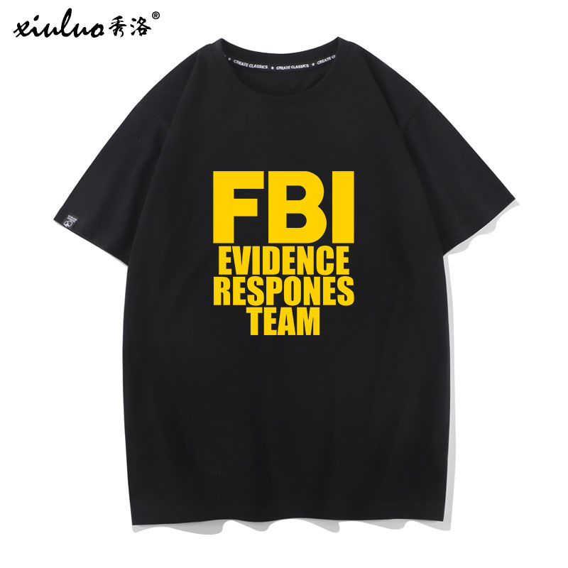 秀洛美式战队FBI识别服滑板短袖T恤纯棉宽松大码圆领体恤半袖男潮