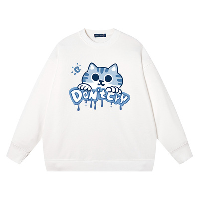 秀洛Don’t cry安慰蓝白猫别哭美式卫衣风嘻哈圆领卫衣男女情侣装