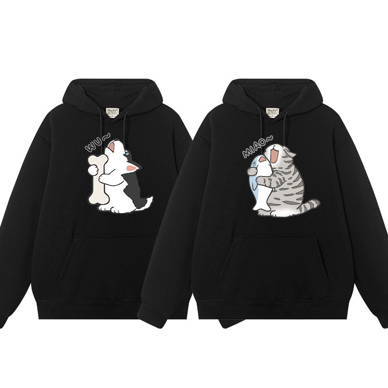 秀洛二哈士奇虎斑猫图案卡通卫衣男女衣服情侣装秋冬加绒加厚帽衫