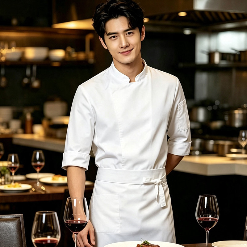 中袖厨师工作服白色酒店饭店后厨餐饮工装男女款耐脏厨师服可定制