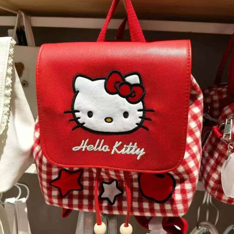 Kitty可爱学院新款书包背包红格子抽绳大容量少女迷你卡通双肩包