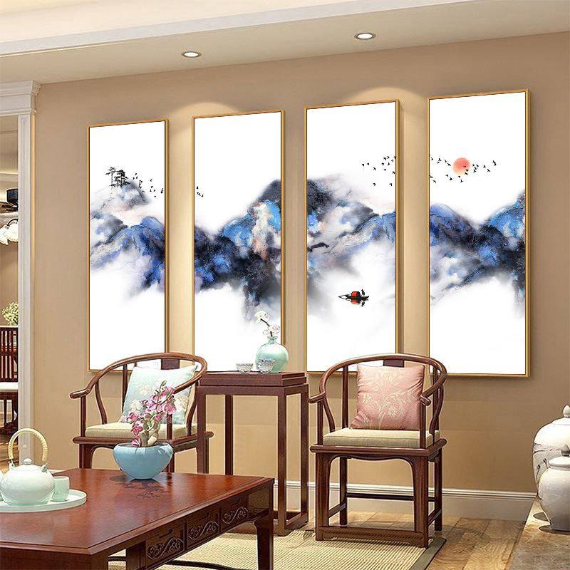 新中式抽象客厅装饰画四条屏组合沙发背景墙壁画禅意餐厅茶室挂画