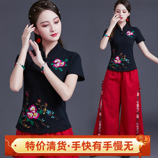 民族风绣花短袖 复古立领中国风盘扣上衣棉 大码 刺绣夏季 t恤女 新款