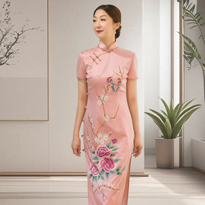妈妈旗袍粉色桑蚕丝绣花刺绣旗袍