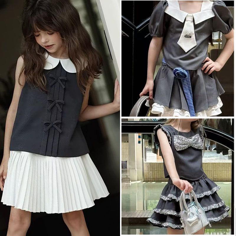 女童套装2026新款夏装学院风亮片蝴蝶结领带上衣蛋糕半身裙两件套