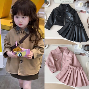 女童套装春秋26新款洋气儿童OL时尚单排扣风衣外套韩版时髦半身裙