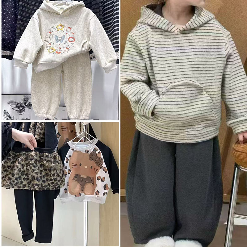 女童秋冬套装26新款韩版卡通T恤加绒加厚卫衣洋气豹纹假两件裙裤