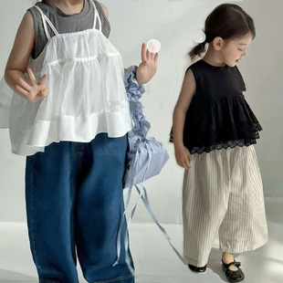 女童套装26夏季新款韩国甜美背心白色网纱吊带裙牛仔裤时髦三件套